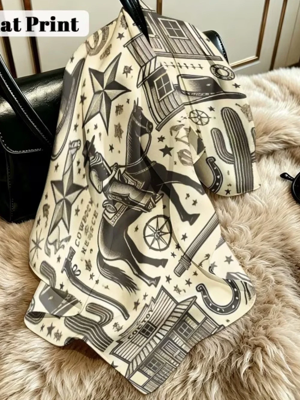 Cowboy Print Western Scarf - Cream & Black